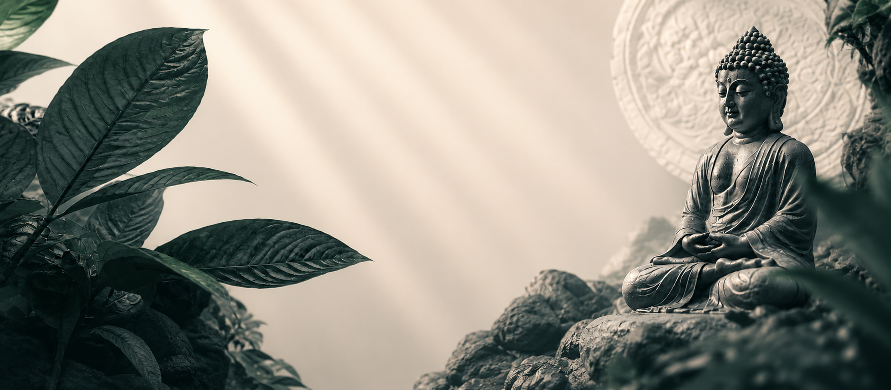 Misty forest scene with a stone Buddha statue, reflecting Kratome's calm and considered approach to sourcing