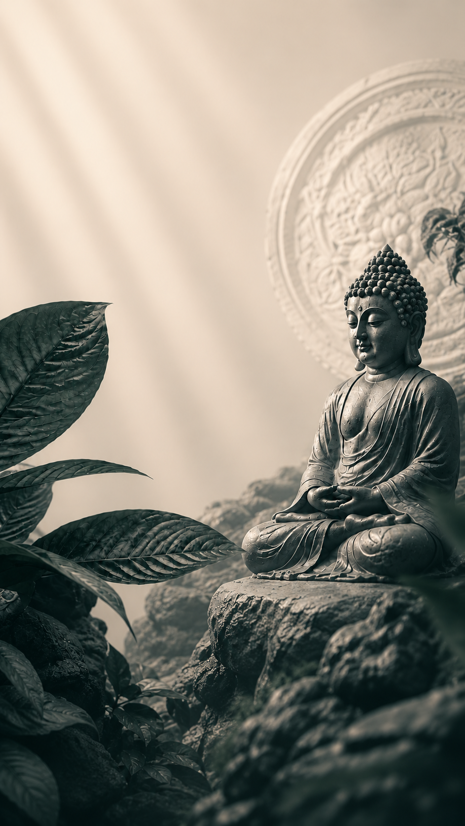 Misty forest scene with a stone Buddha statue, reflecting Kratome's calm and considered approach to sourcing
